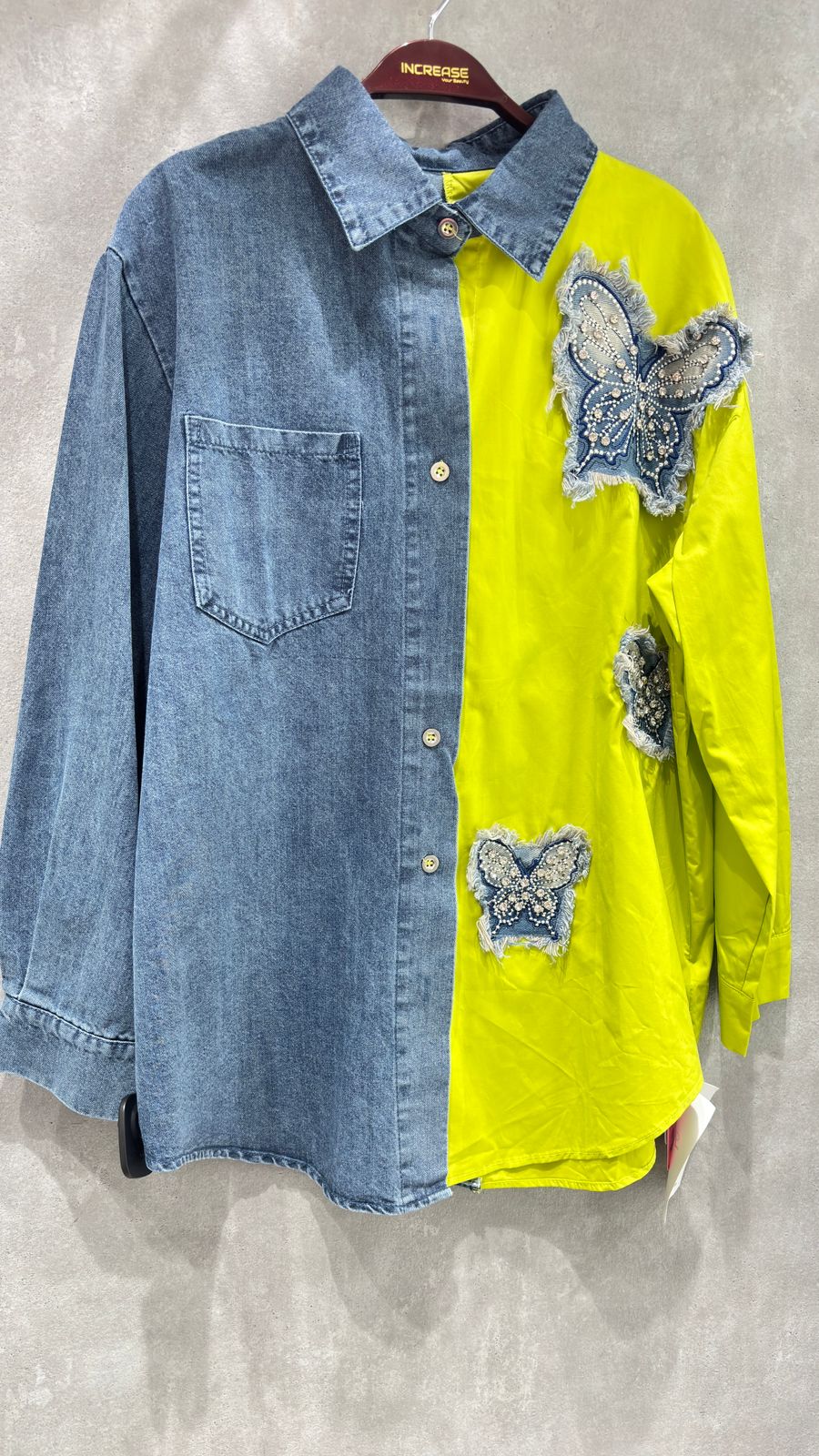 Women’s Half Denim & Half Cotton Embellished Regular Fit Shirt