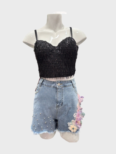 Trendy Crop Top with Stylish Denim Shorts for Women