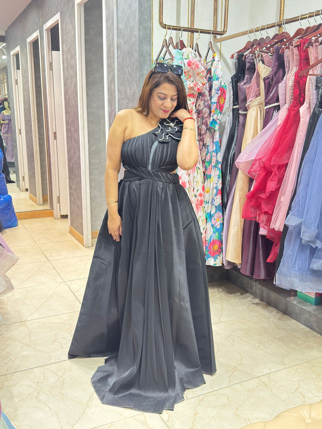 Black One-Shoulder Satin Evening Dress with Rose Detail | Increase Fashion