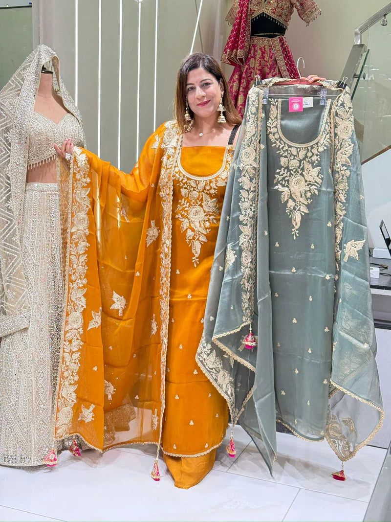 Mustard Yellow Embroidered Suit Set