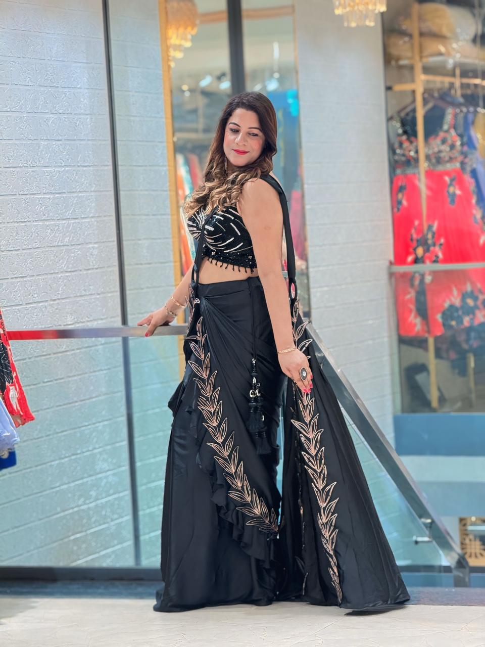 Designer Black Satin Crepe Saree