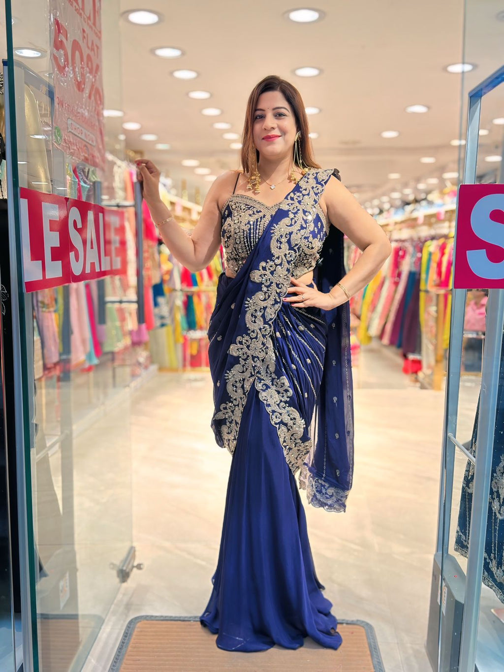 Royal Charm: Blue Drape Chinon Saree