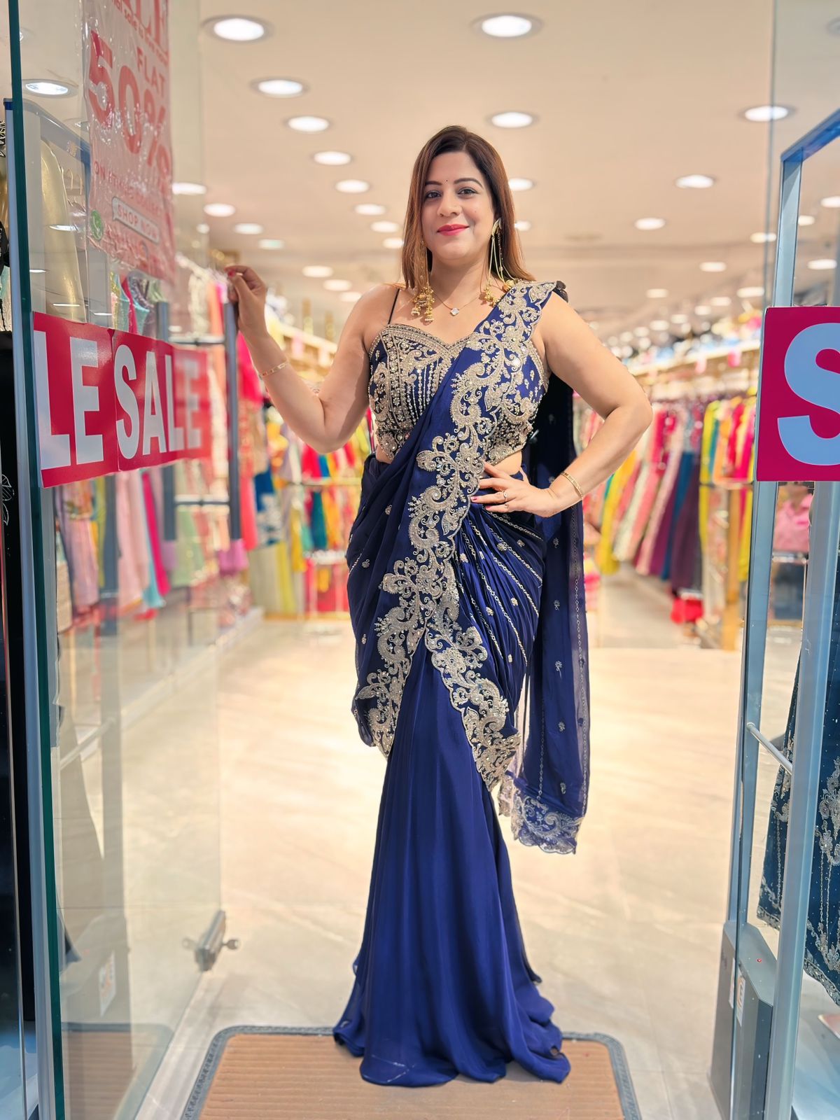 Royal Charm: Blue Drape Chinon Saree