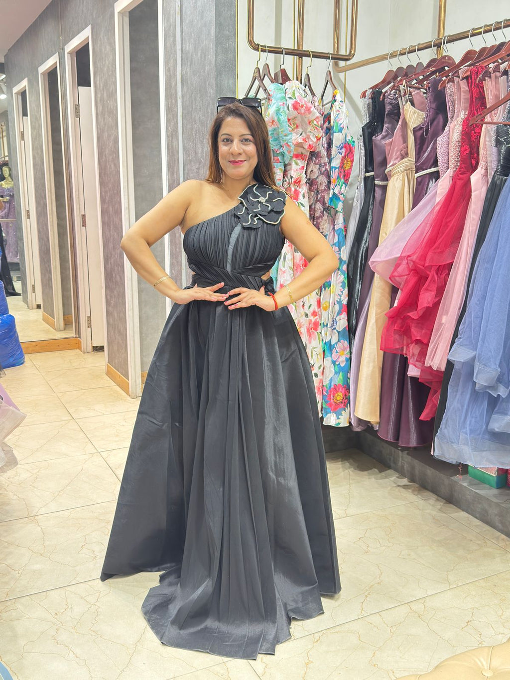 Black One-Shoulder Satin Evening Dress with Rose Detail | Increase Fashion