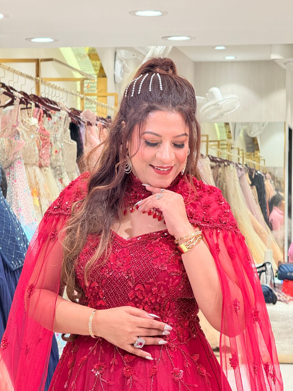 Red Embroidered Gown with Cape