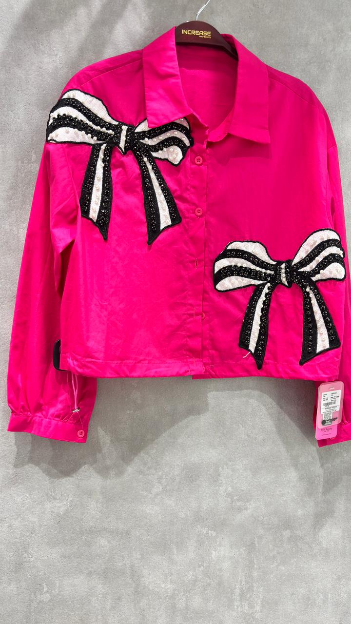 Cotton Bow Embroidered Shirt for Girls