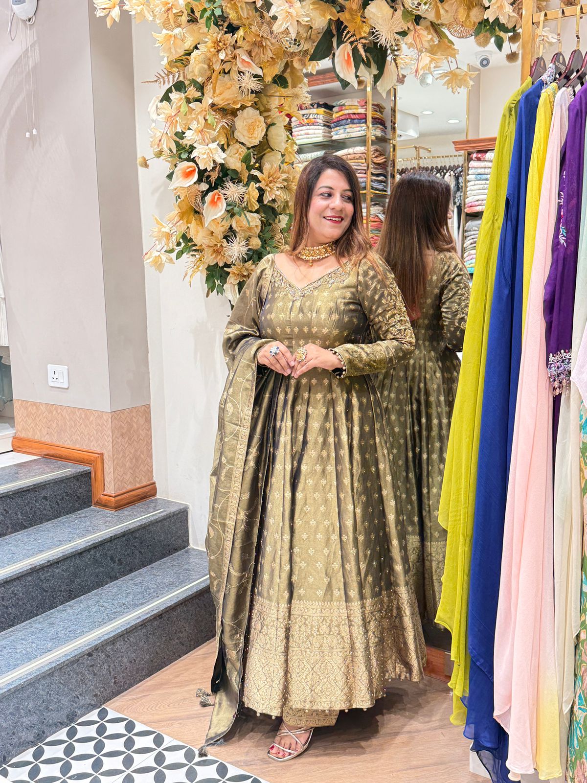 Green Short Anarkali with Palazzo and Organza Dupatta