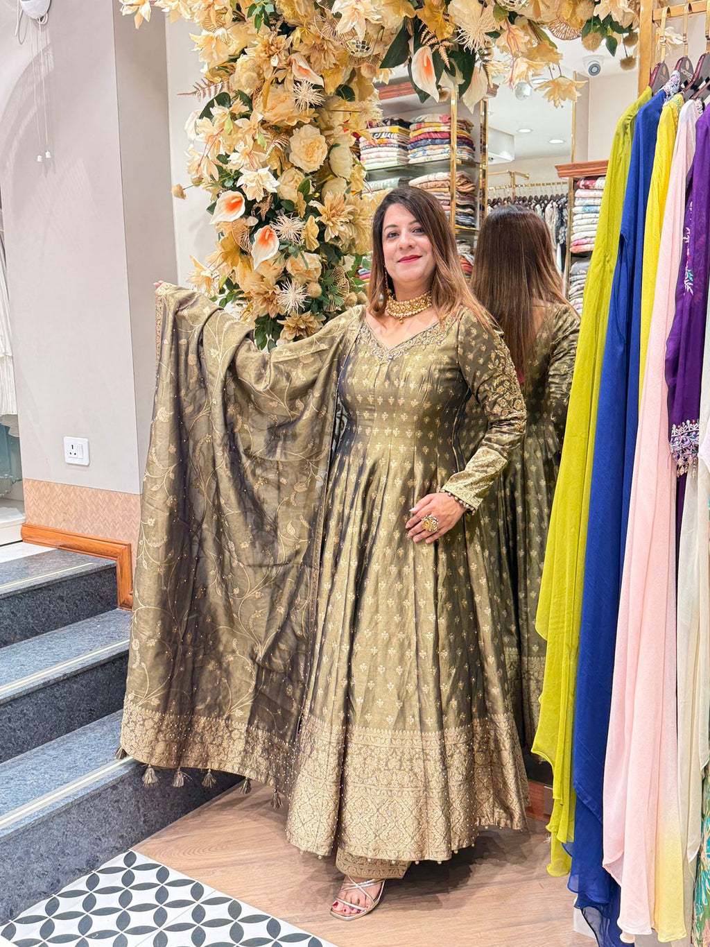 Green Short Anarkali with Palazzo and Organza Dupatta