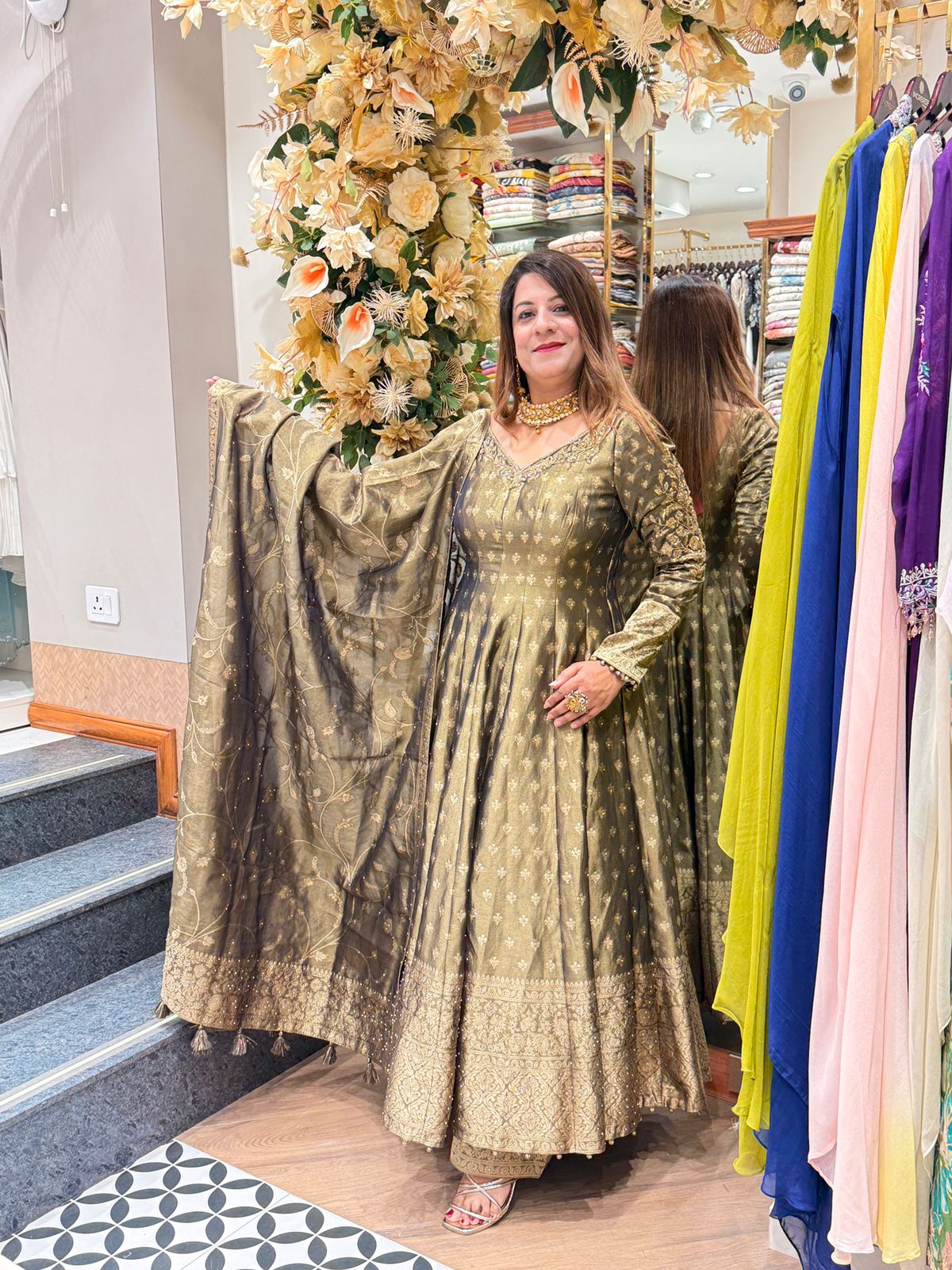 Green Short Anarkali with Palazzo and Organza Dupatta