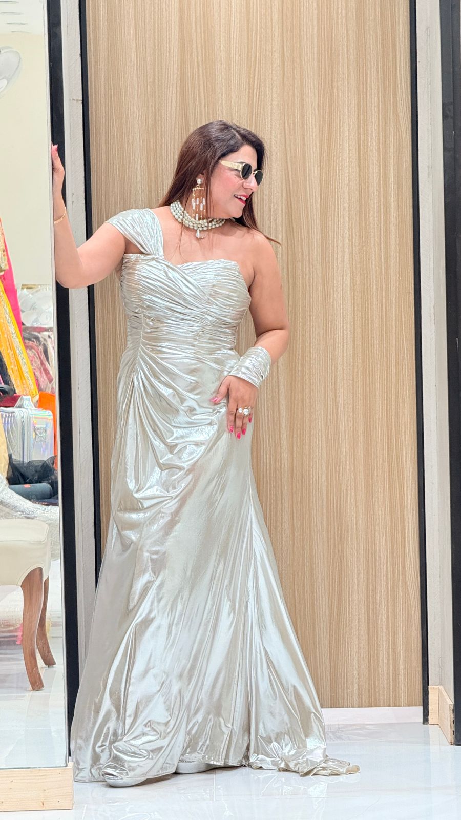 Metallic Pleated Satin Maxi Dress for Women