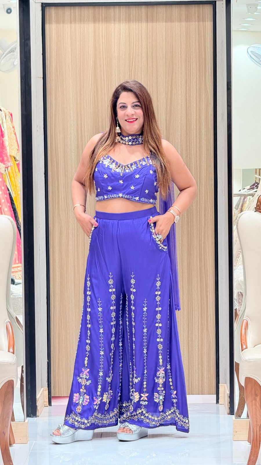 Purple Silk Embroidered Crop Top & Palazzo Set