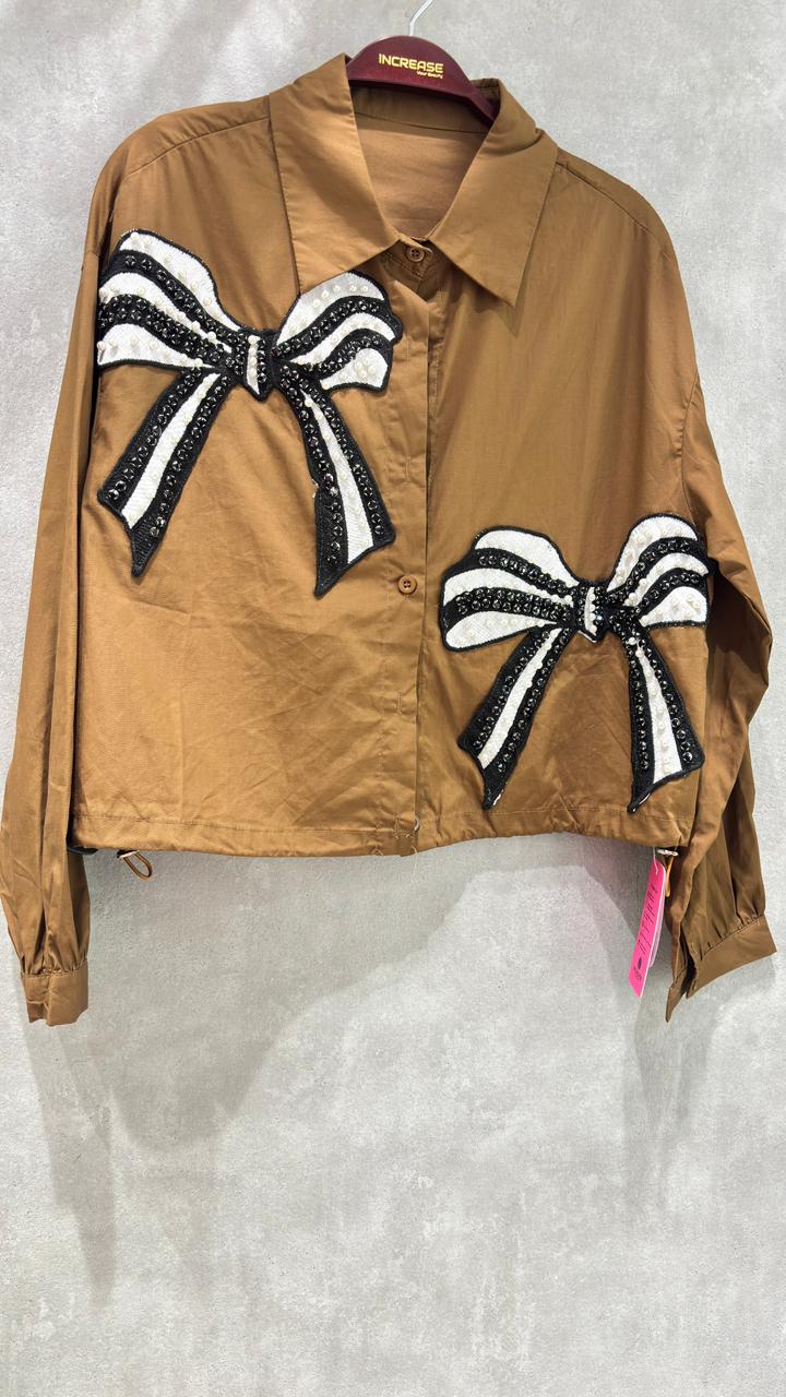 Cotton Bow Embroidered Shirt for Girls