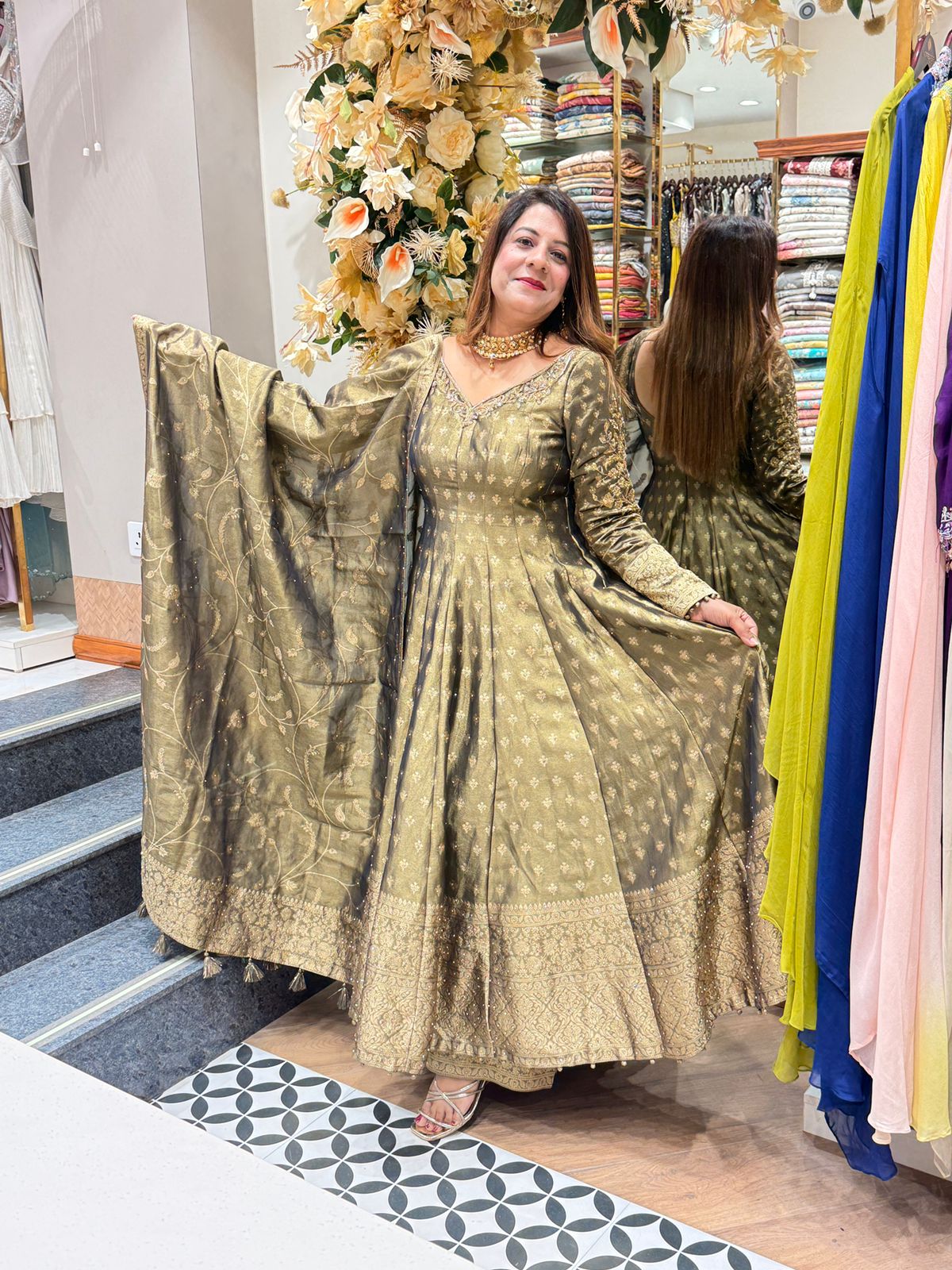 Green Short Anarkali with Palazzo and Organza Dupatta