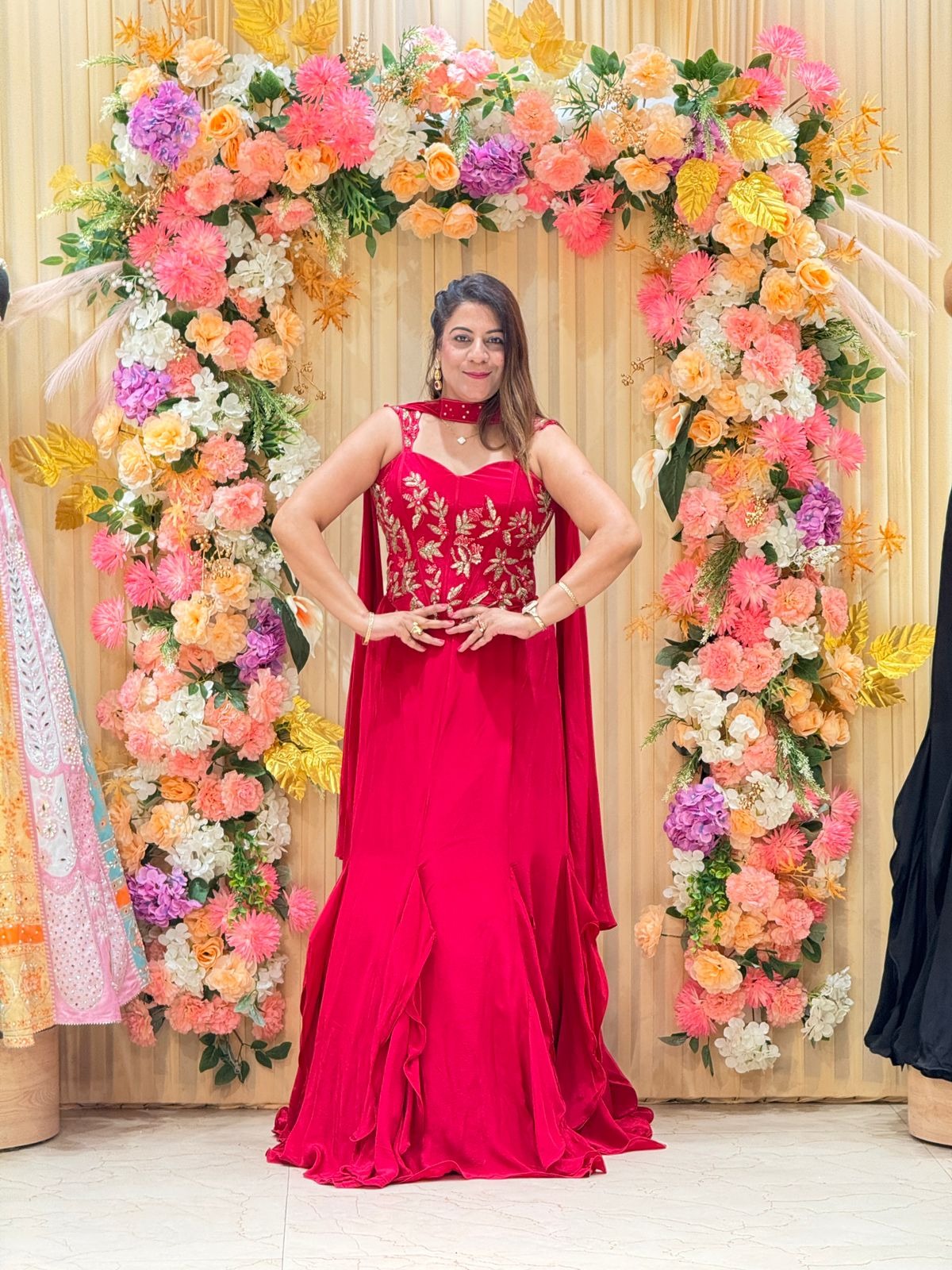 Designer Red Party Wear Lehenga with Golden Embroidery