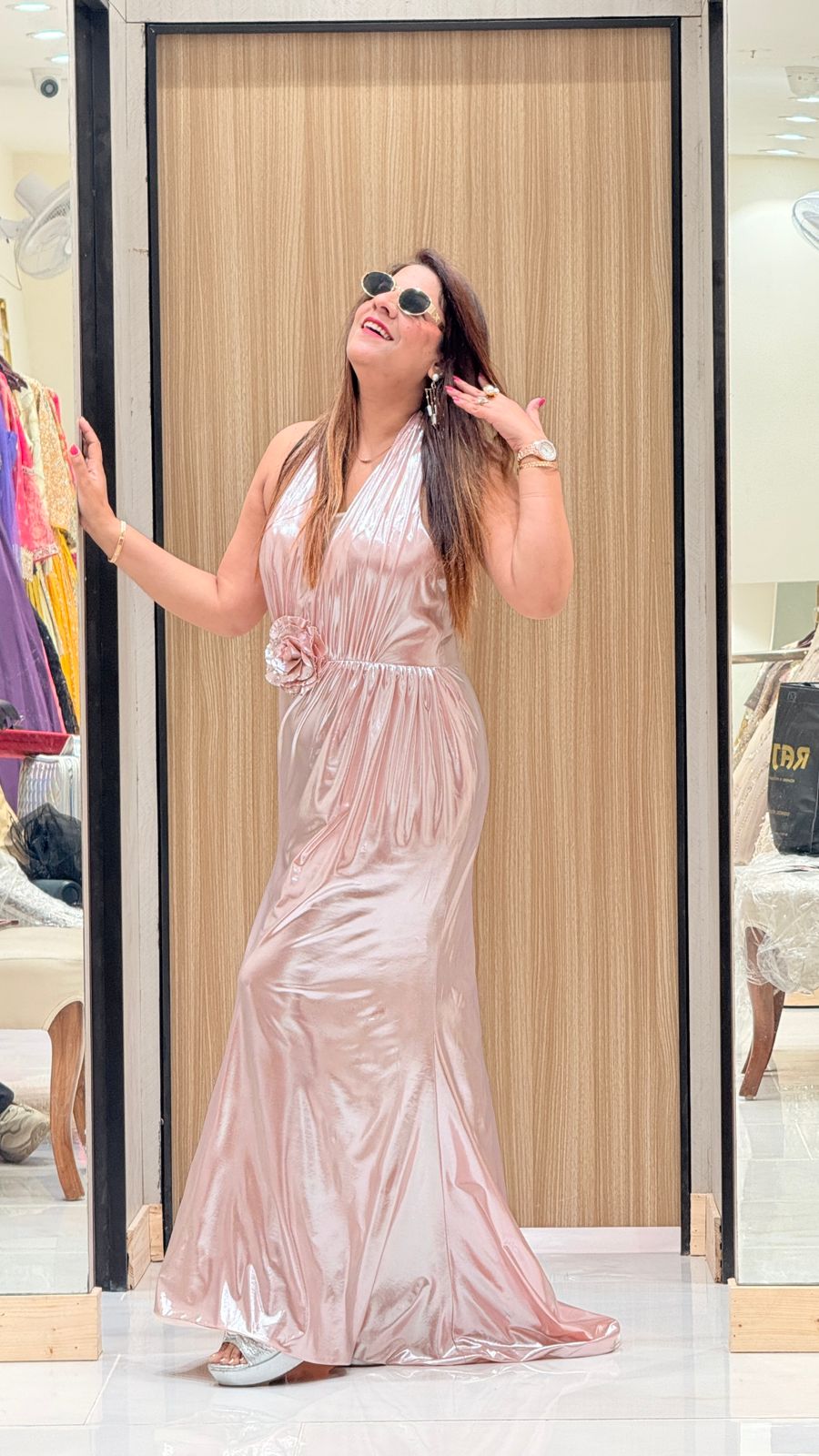 Halter Neck Classic Metallic Pleated Dress