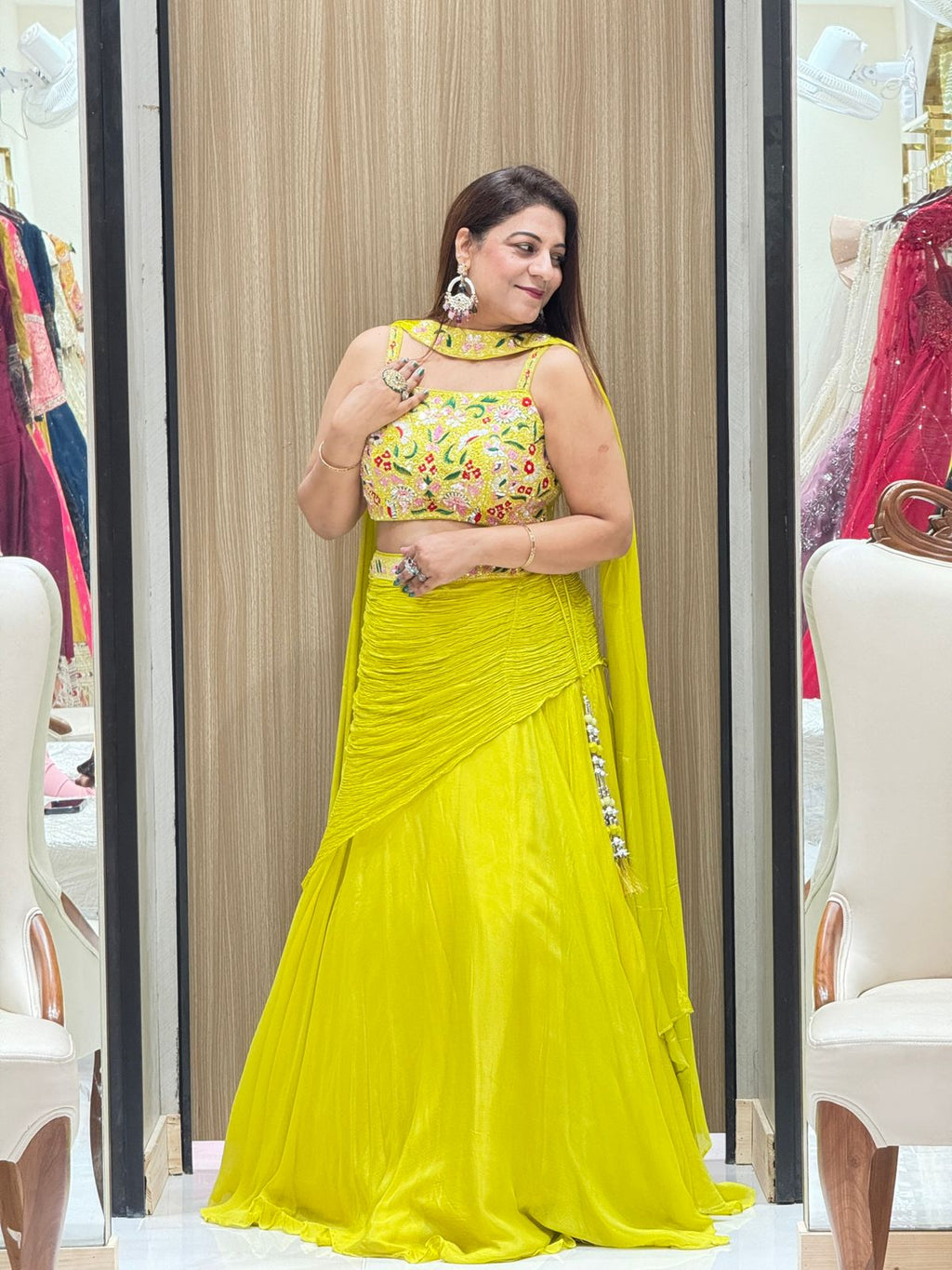 Stylish Floral Embroidered Padded Crop Indo Western Dress