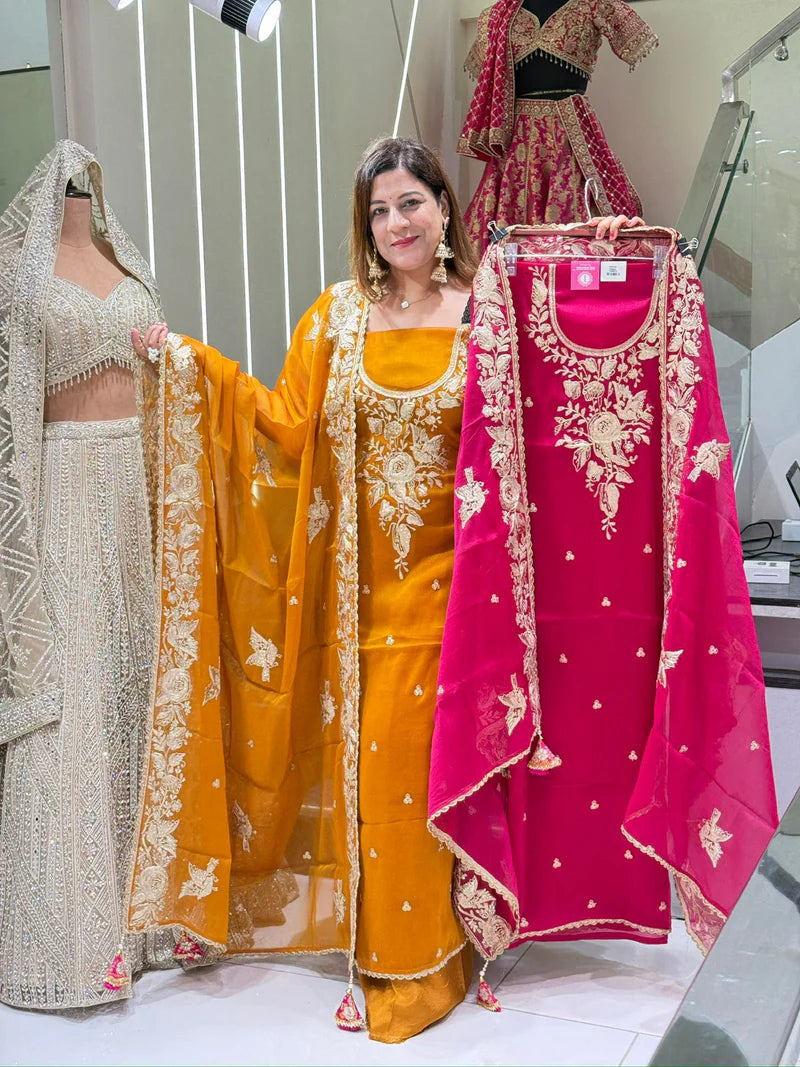 Mustard Yellow Embroidered Suit Set
