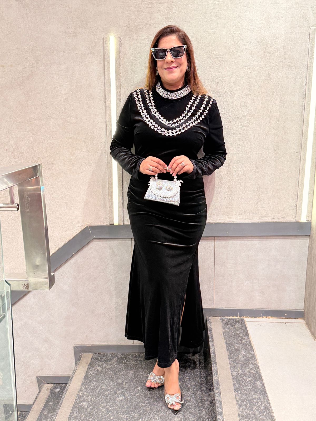 Stretch Velvet Crystal Embellished Long Sleeve Maxi Dress