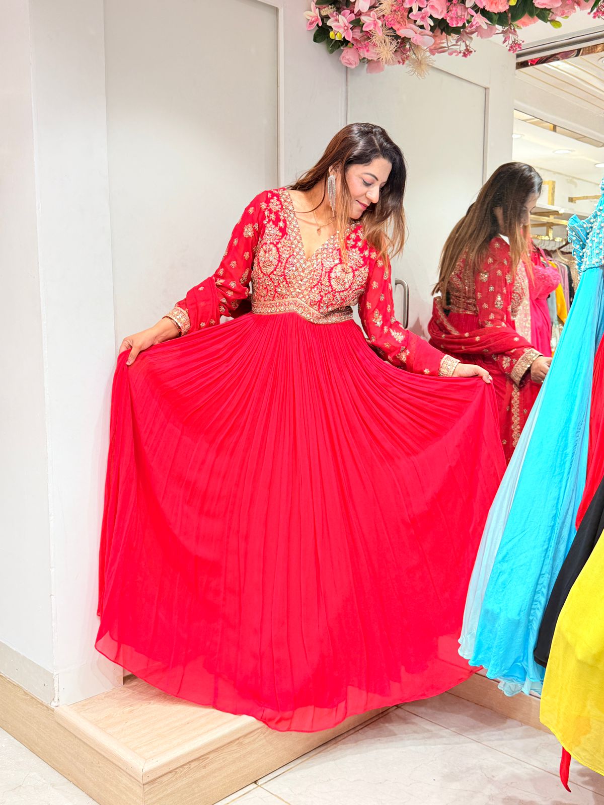 Red Embroidered Anarkali Set for Women