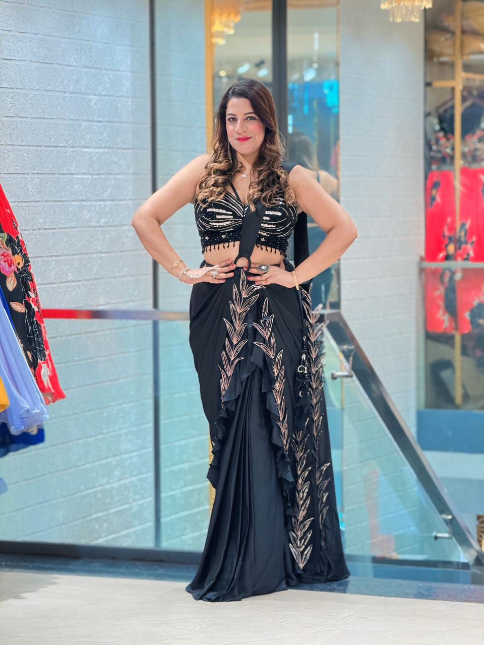Designer Black Satin Crepe Saree