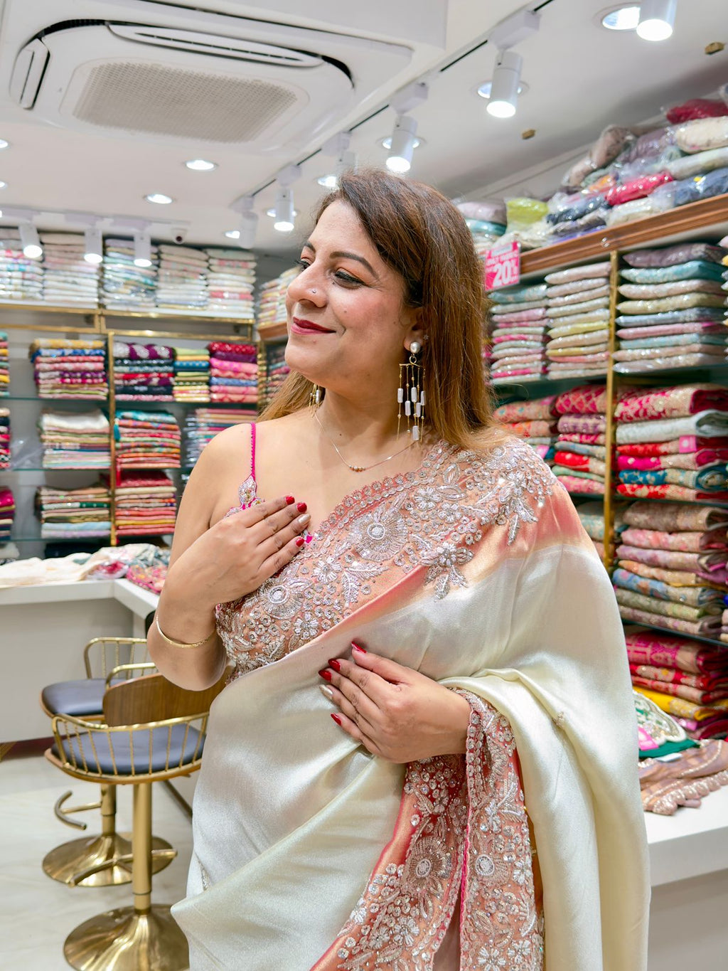 Light Cream Imported Fabric Wedding Wear Saree