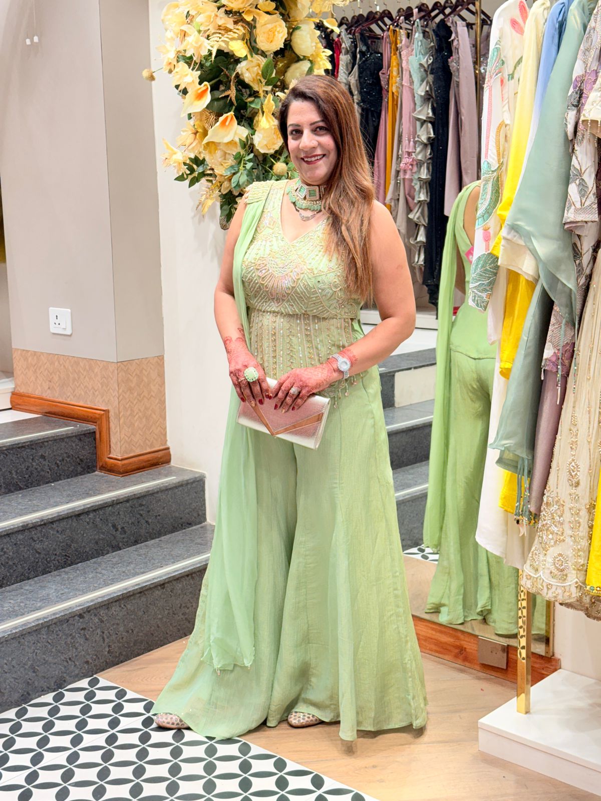 Pista Green Glass Organza Palazzo Suit