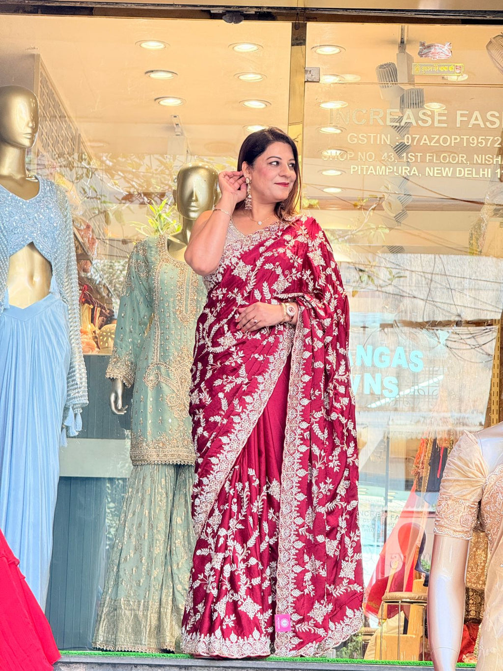 Red Satin Crepe Saree with Unstitched Blouse