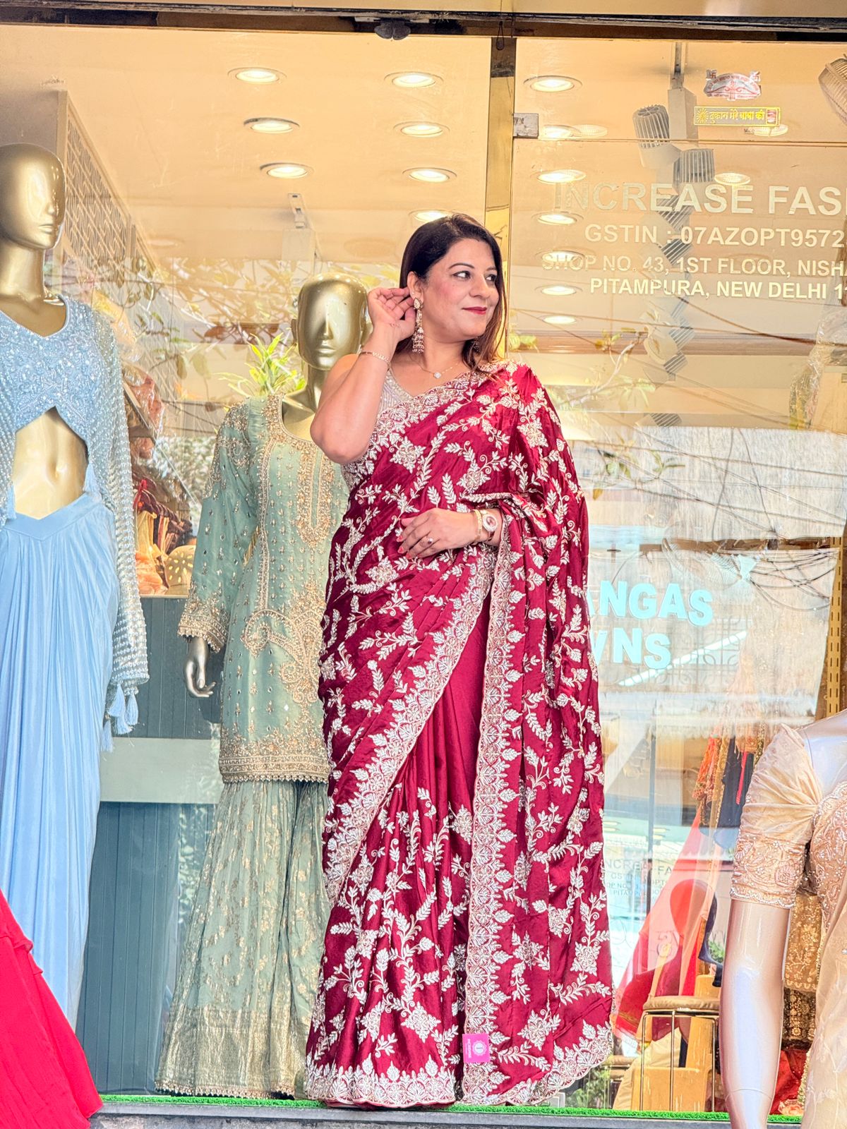 Red Satin Crepe Saree with Unstitched Blouse