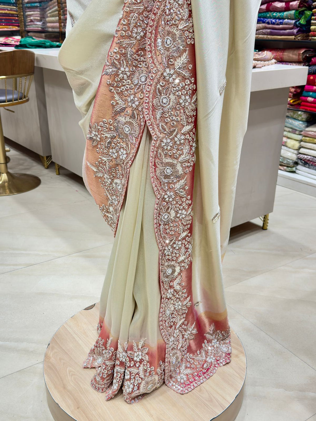 Light Cream Imported Fabric Wedding Wear Saree