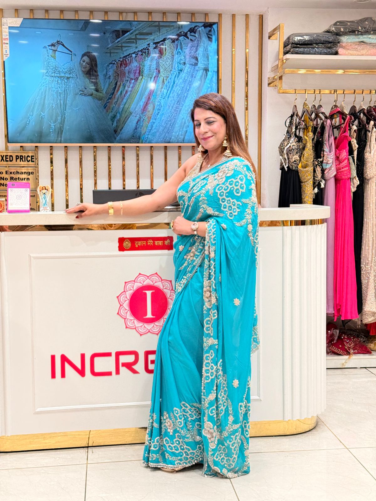 Turquoise Blue Chinon Georgette Saree with Heavy Handwork