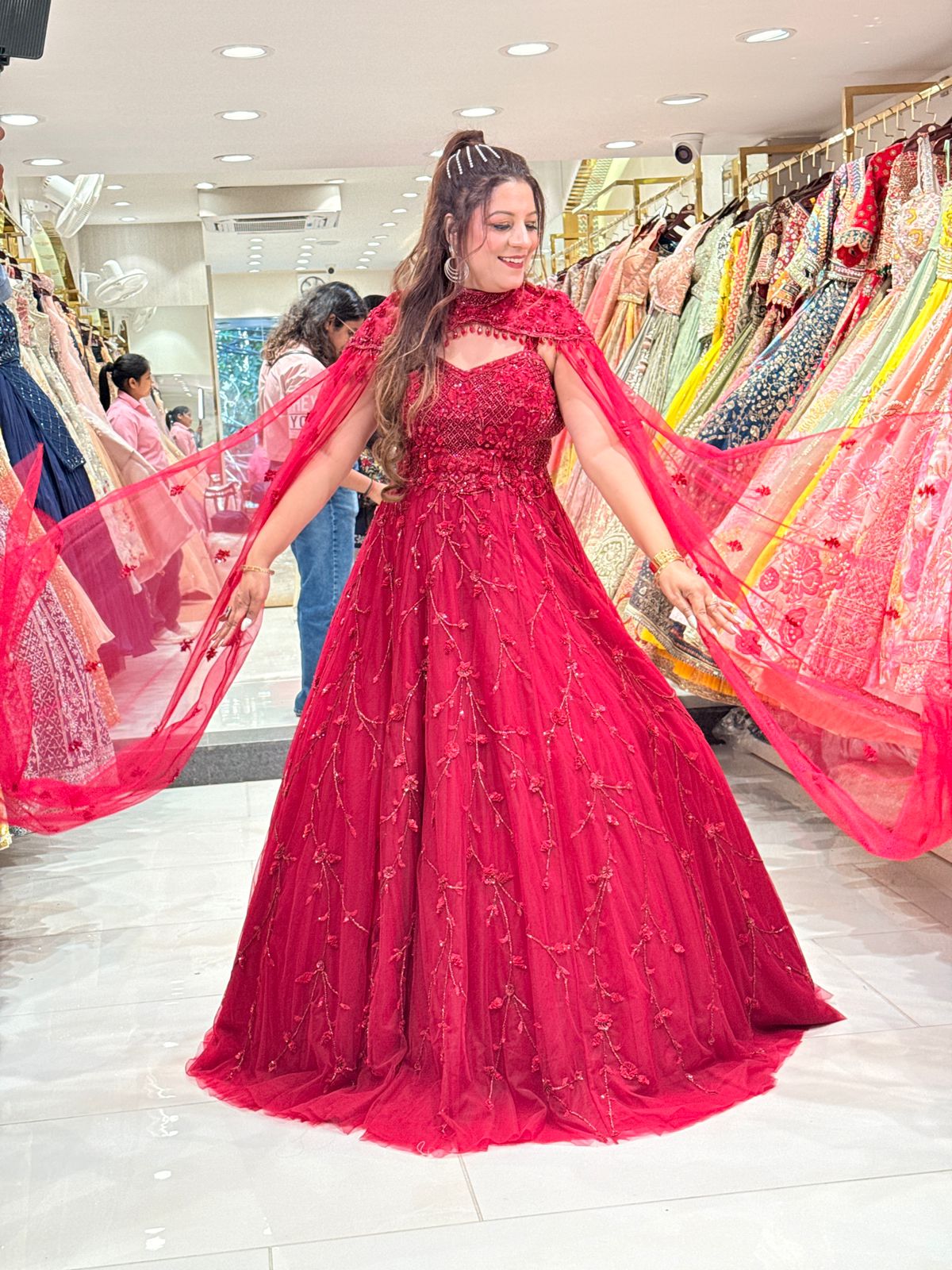 Red Embroidered Gown with Cape