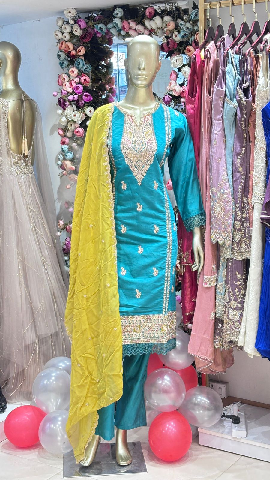Teal Embroidered Ladies Suit with Yellow Dupatta