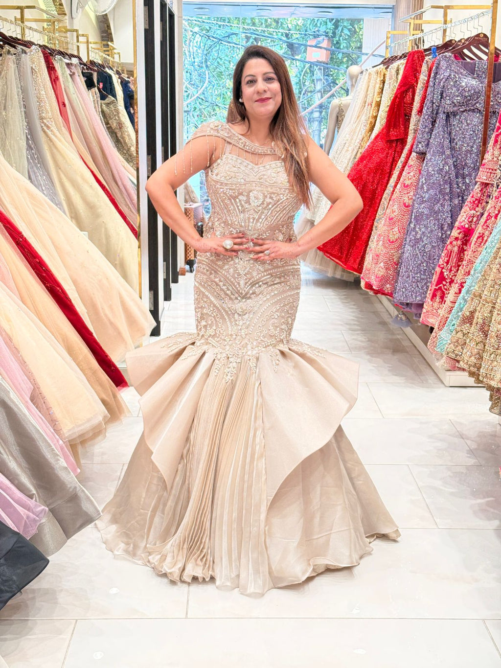 Golden Fish Cut Designer Lehenga Set in Organza