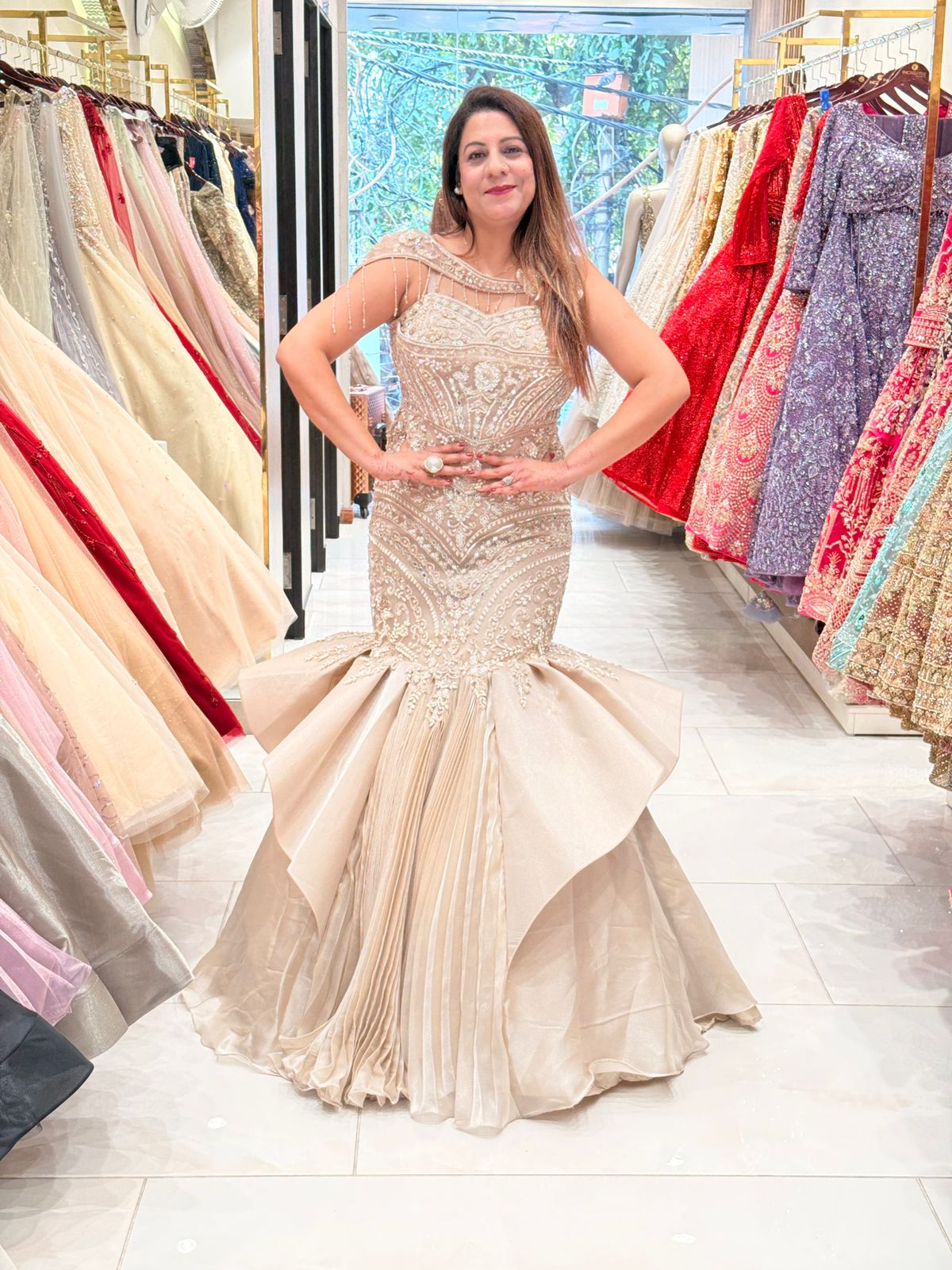 Golden Fish Cut Designer Lehenga Set in Organza