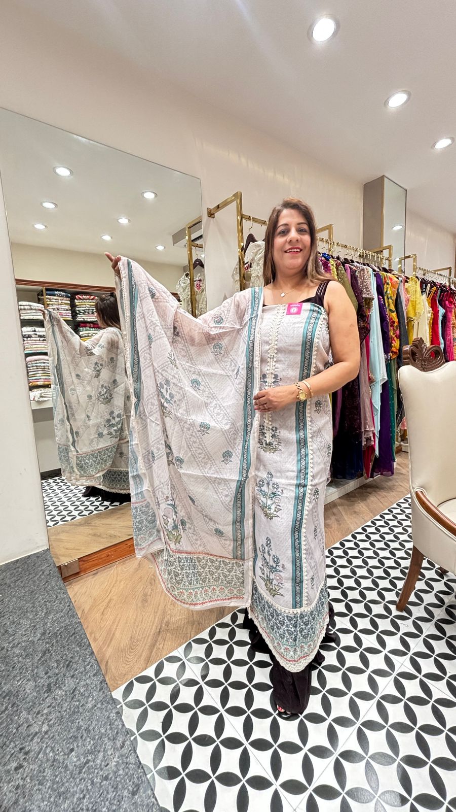 Elegant White & Teal Printed Suit with Dupatta