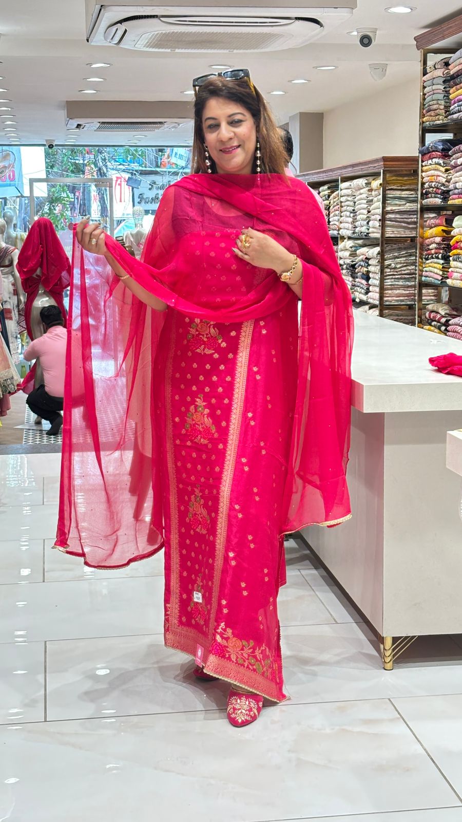 Bright Pink Embroidered Silk Suit with Dupatta