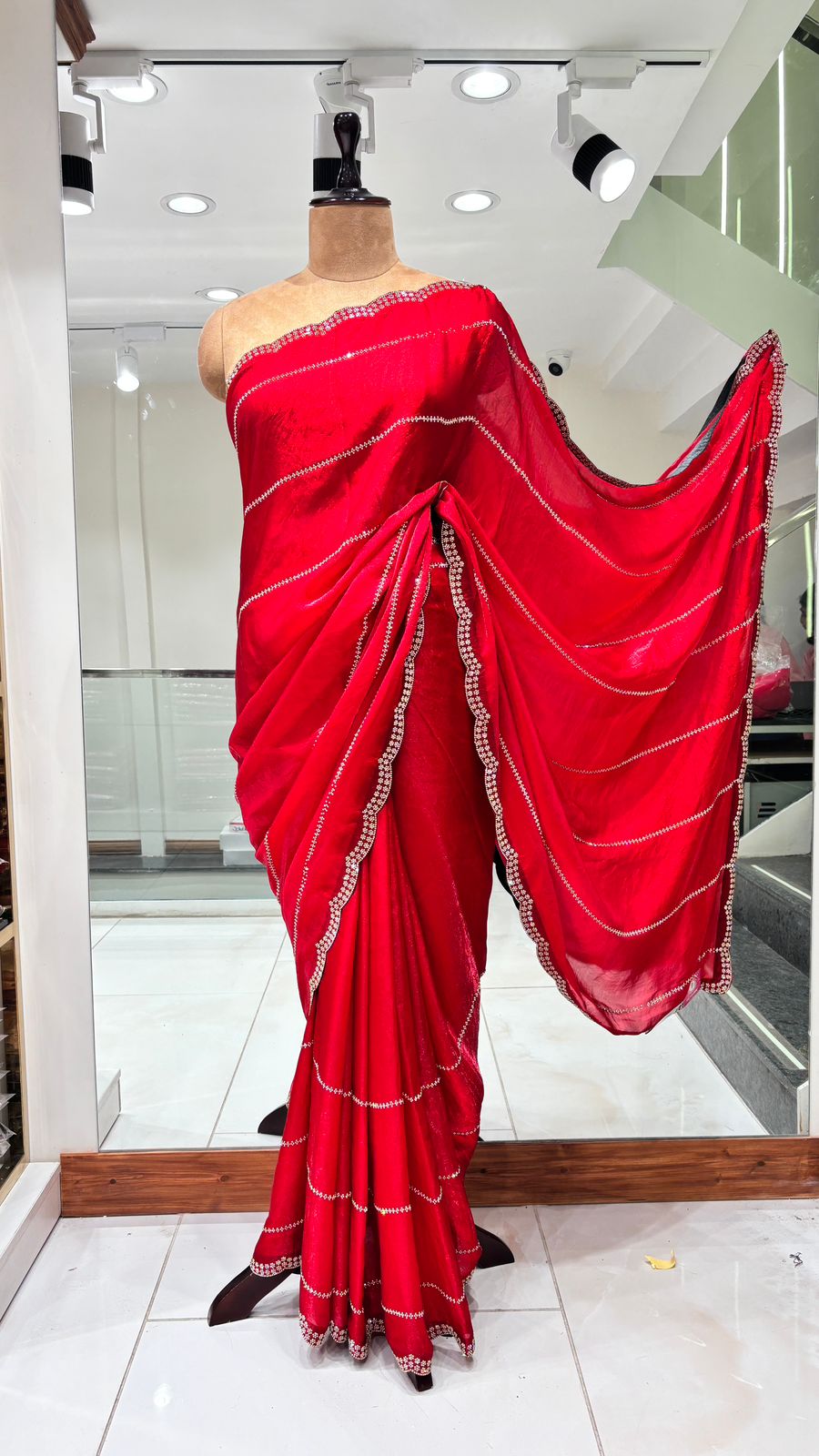 Decorative Red Silk Jimmy Choo Saree with Silver Embroidered Border