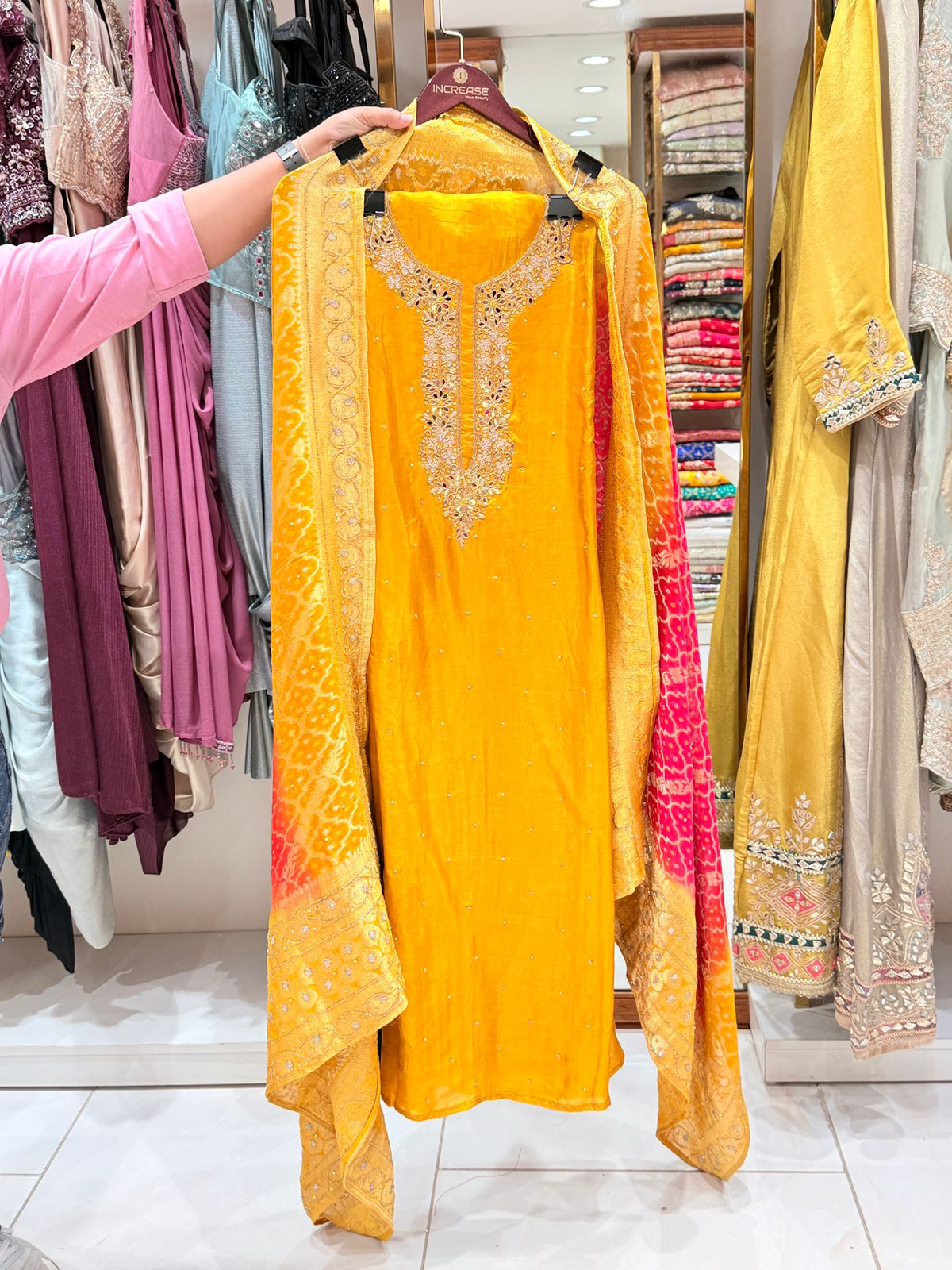 Orange Unstitched Suit with Silk Dupatta