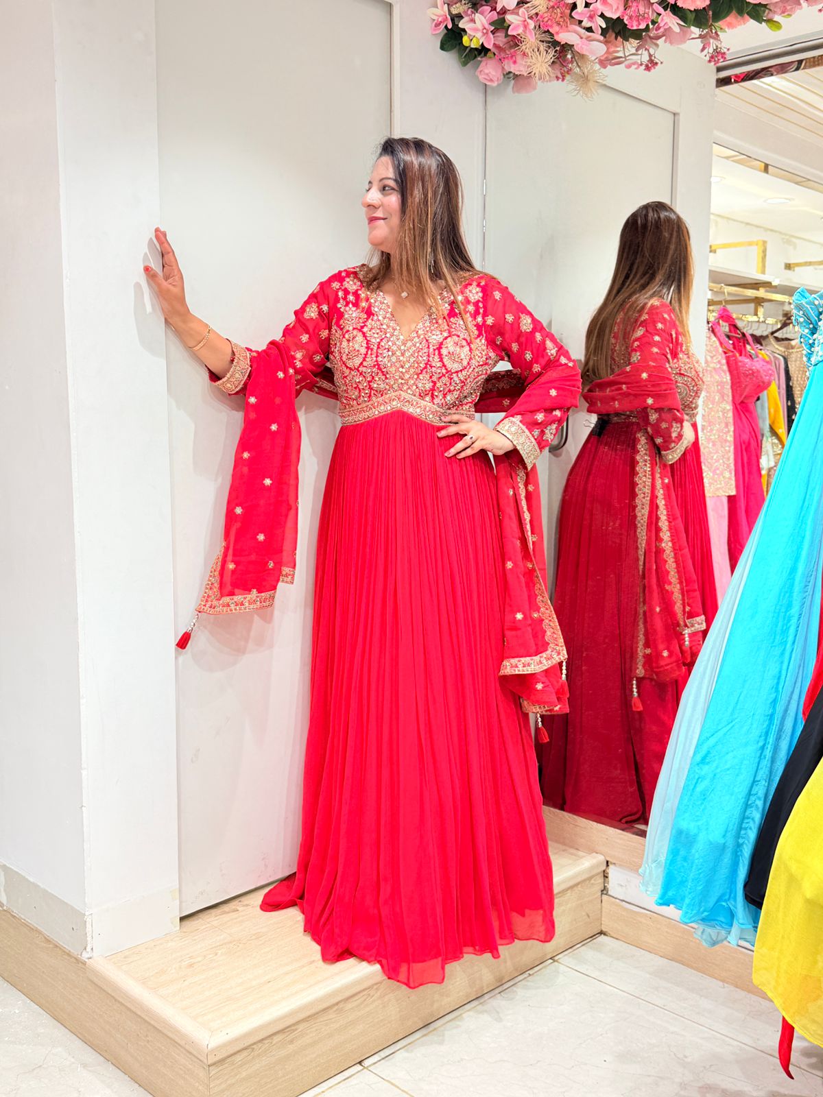 Red Embroidered Anarkali Set for Women