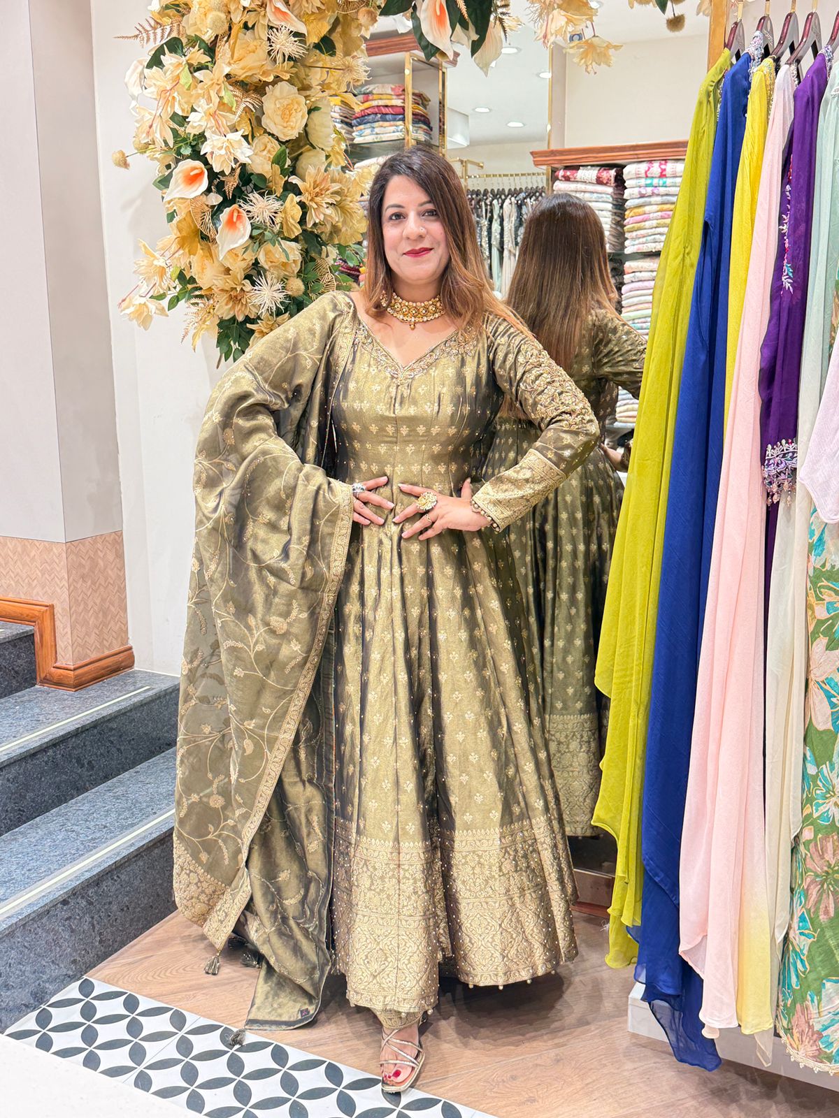 Green Short Anarkali with Palazzo and Organza Dupatta