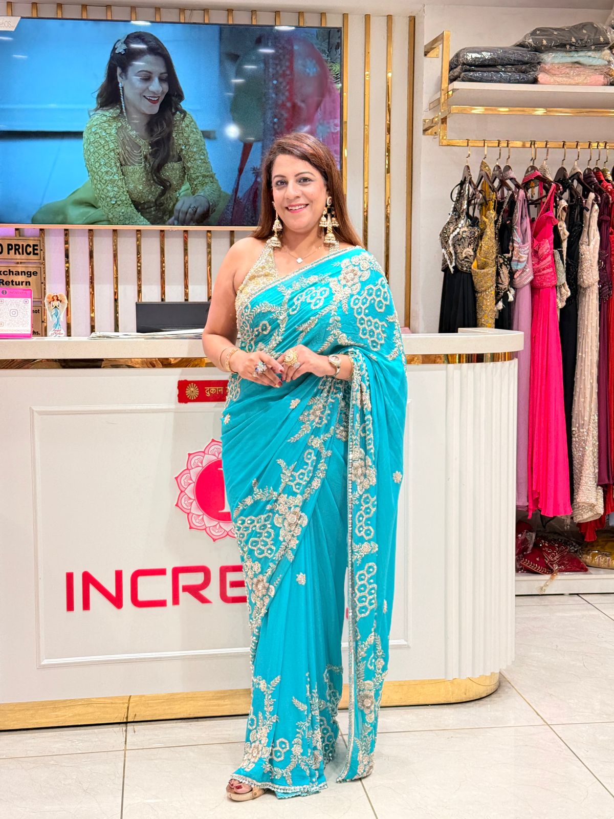 Turquoise Blue Chinon Georgette Saree with Heavy Handwork