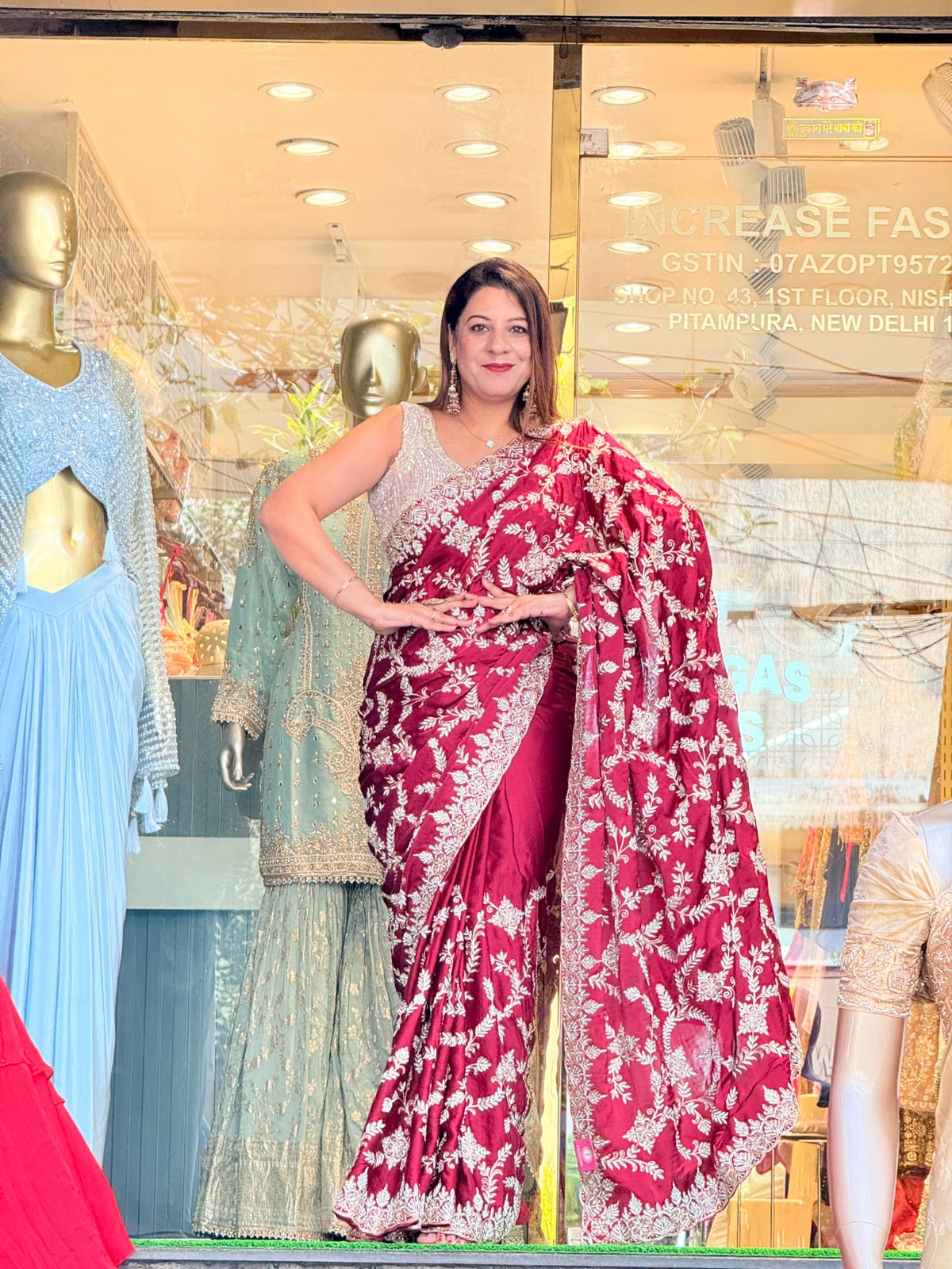 Red Satin Crepe Saree with Unstitched Blouse