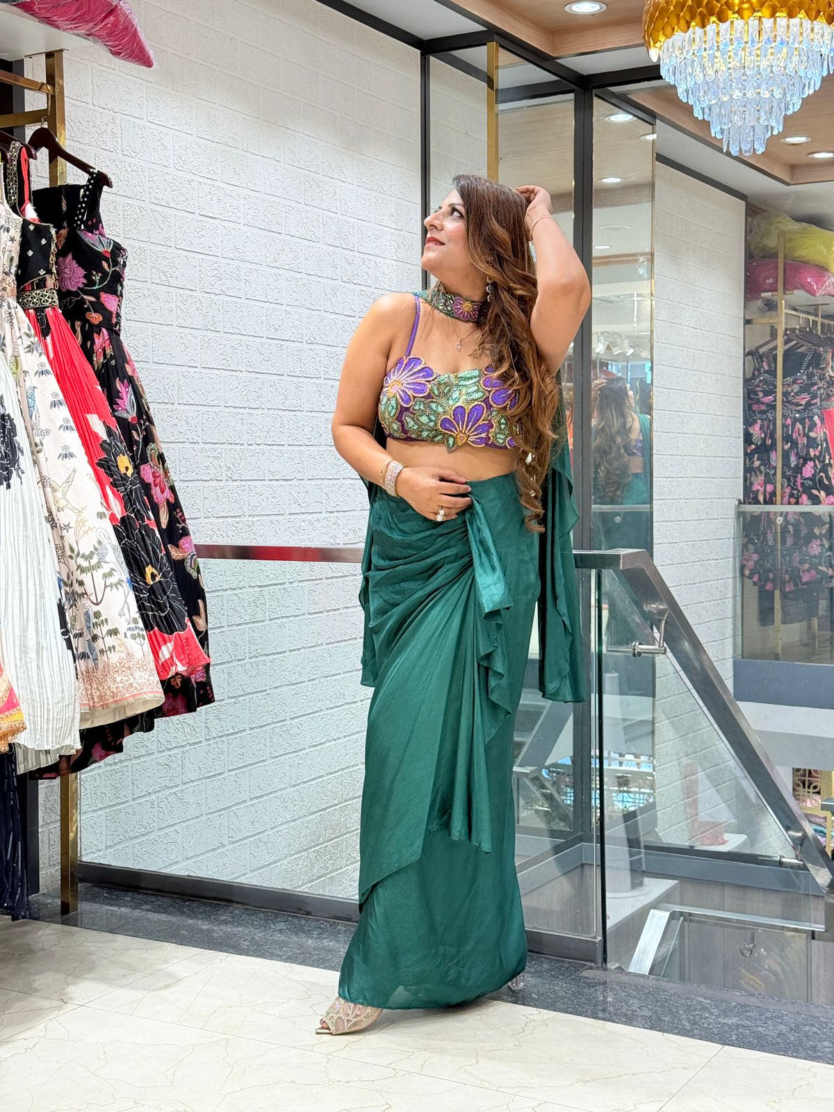 Stylish Draped Saree with Embroidered Blouse
