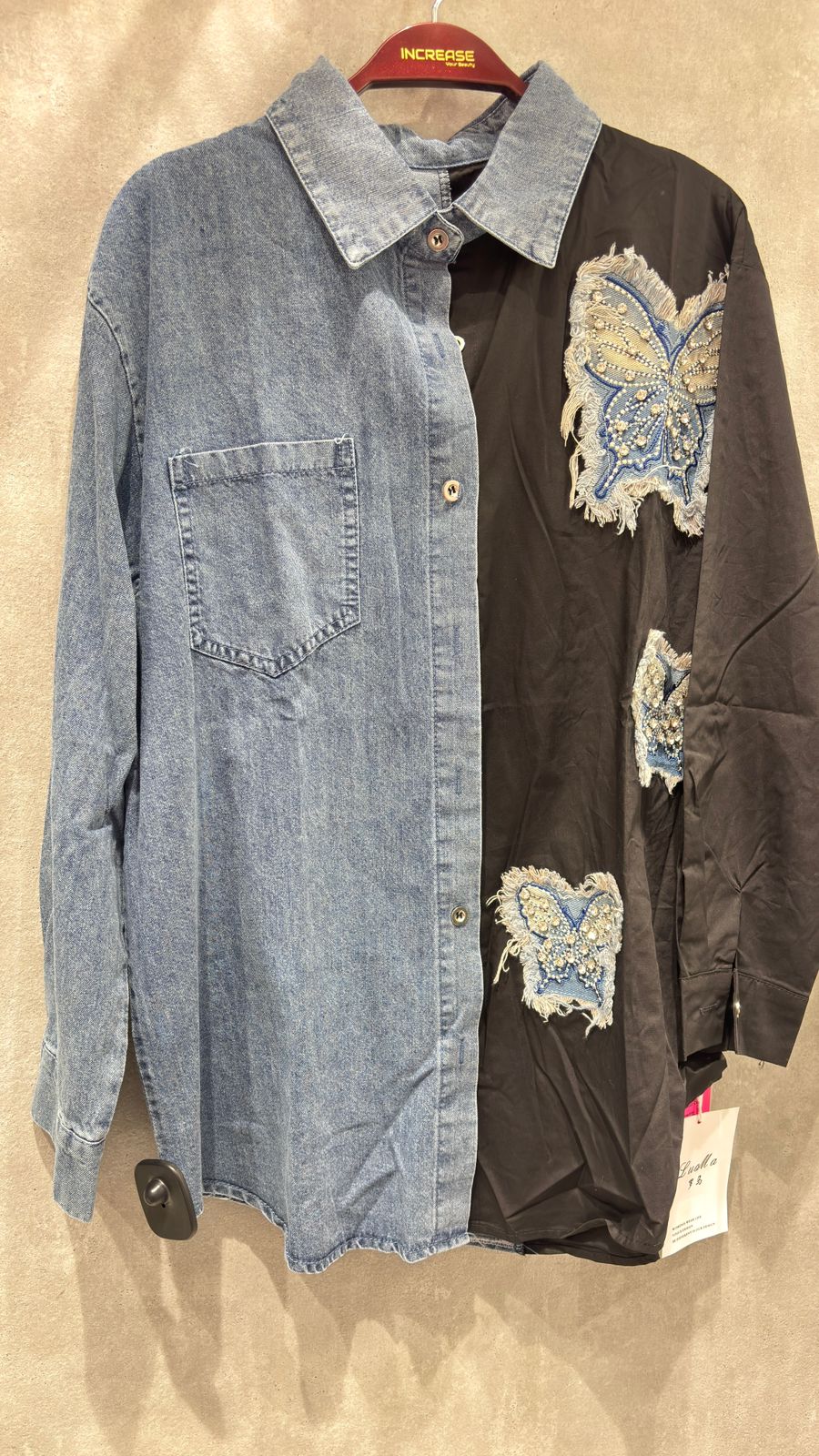 Women’s Half Denim & Half Cotton Embellished Regular Fit Shirt