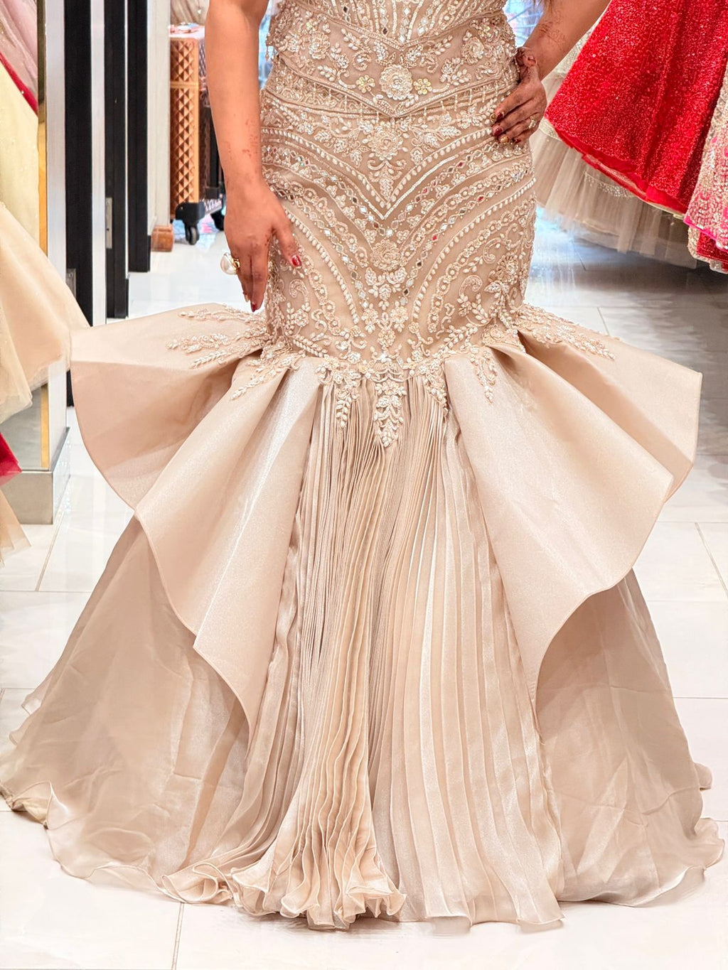 Golden Fish Cut Designer Lehenga Set in Organza