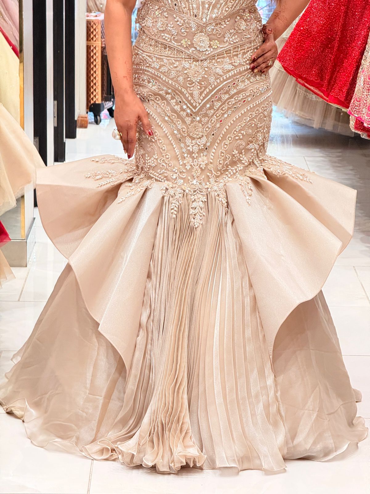 Golden Fish Cut Designer Lehenga Set in Organza