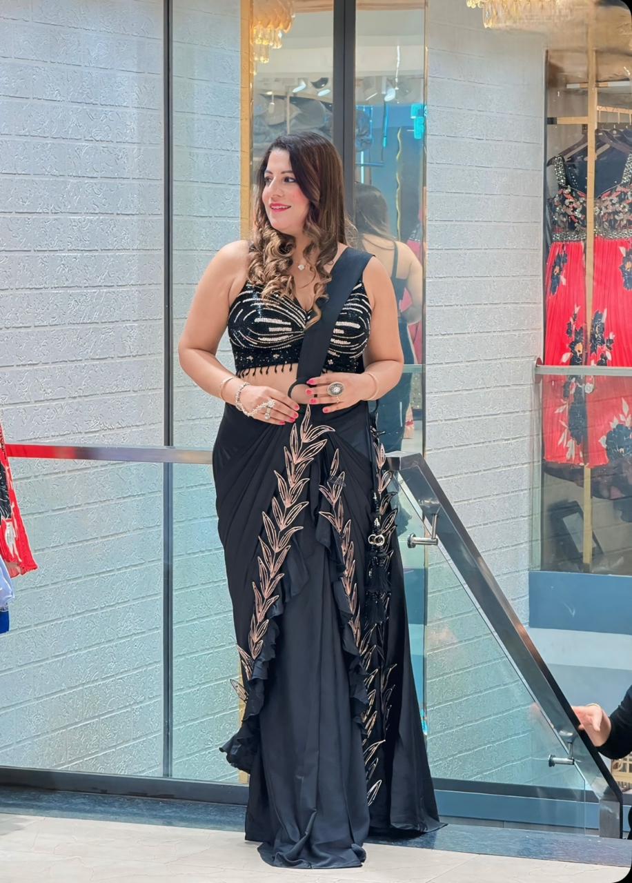 Designer Black Satin Crepe Saree
