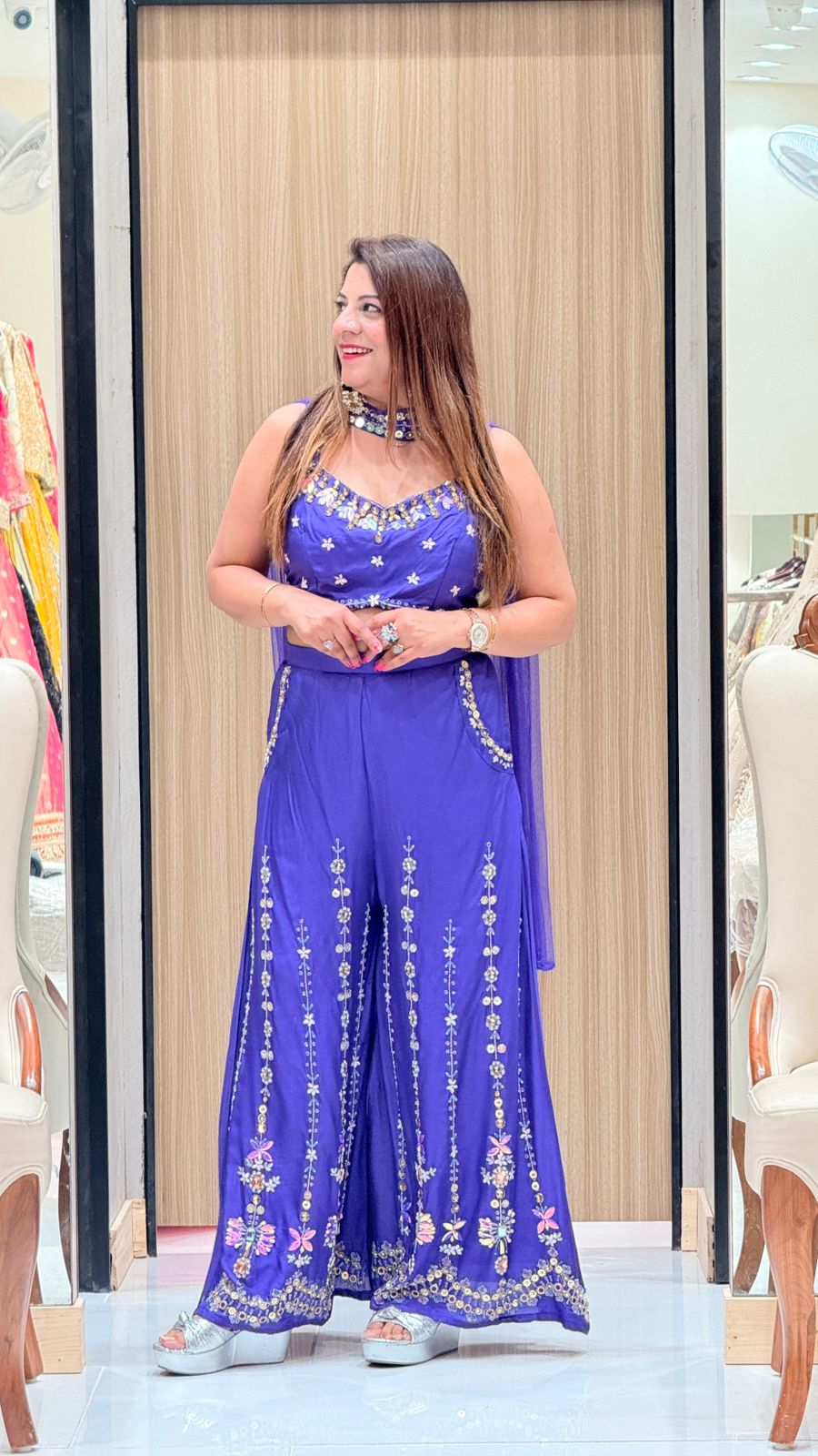 Purple Silk Embroidered Crop Top & Palazzo Set