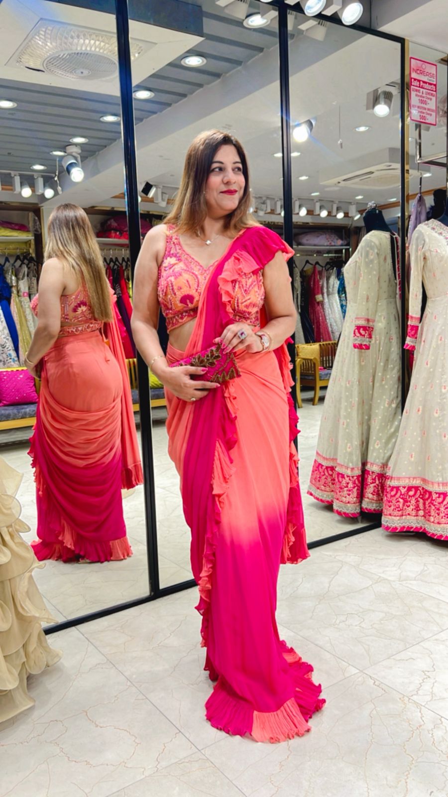 Designer Ruffle Saree Gown in Coral and Pink Color