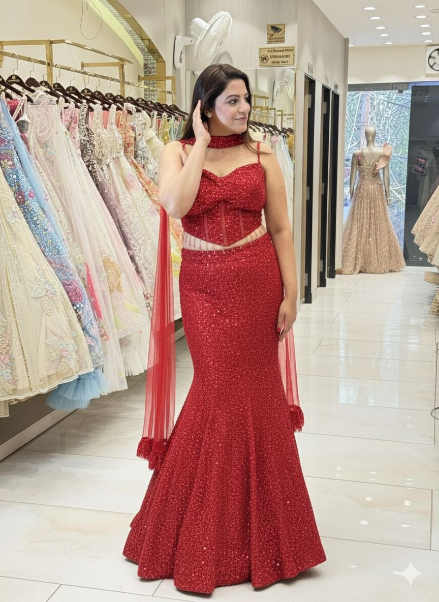 Fish cut Modern Bride Style engagement Lehenga